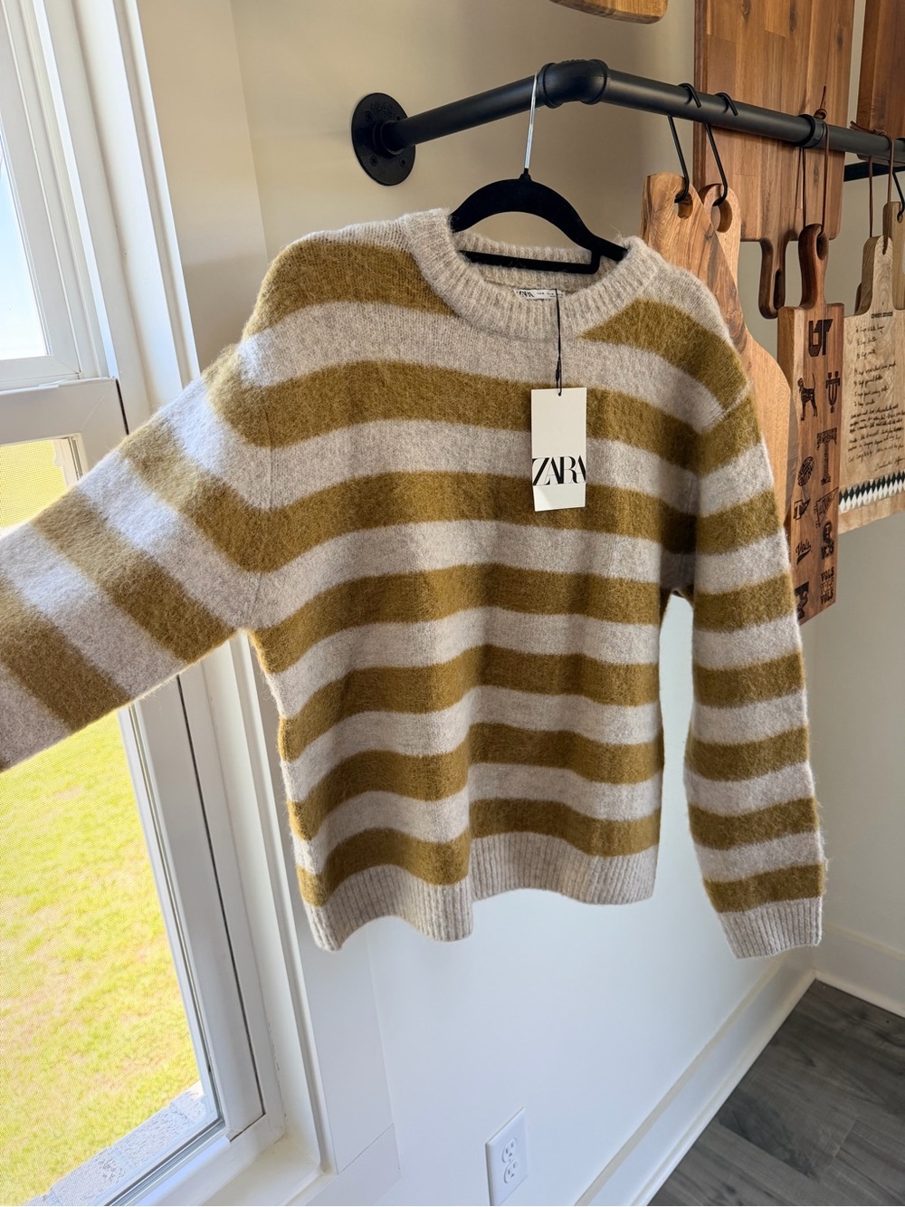Zara Olive and Cream Striped Crewneck Sweater